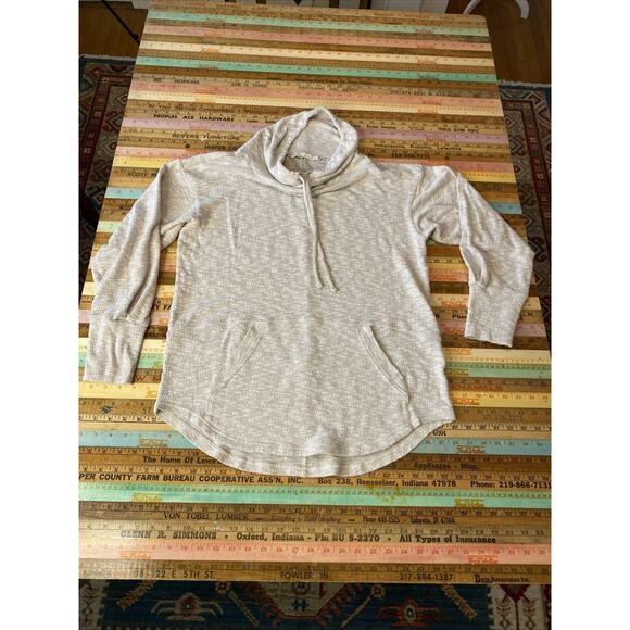 prAna Hoodie Womens M Ivory Pullover V-Neck Kangaroo Pocket Drawstring Tunic - Picture 6 of 8